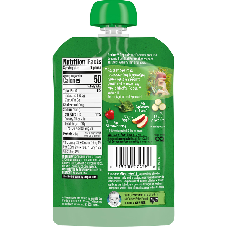 Gerber, Organic for Baby, 2nd Foods, яблоко, цукини, шпинат и клубника, 99 г (3,5 унции)
