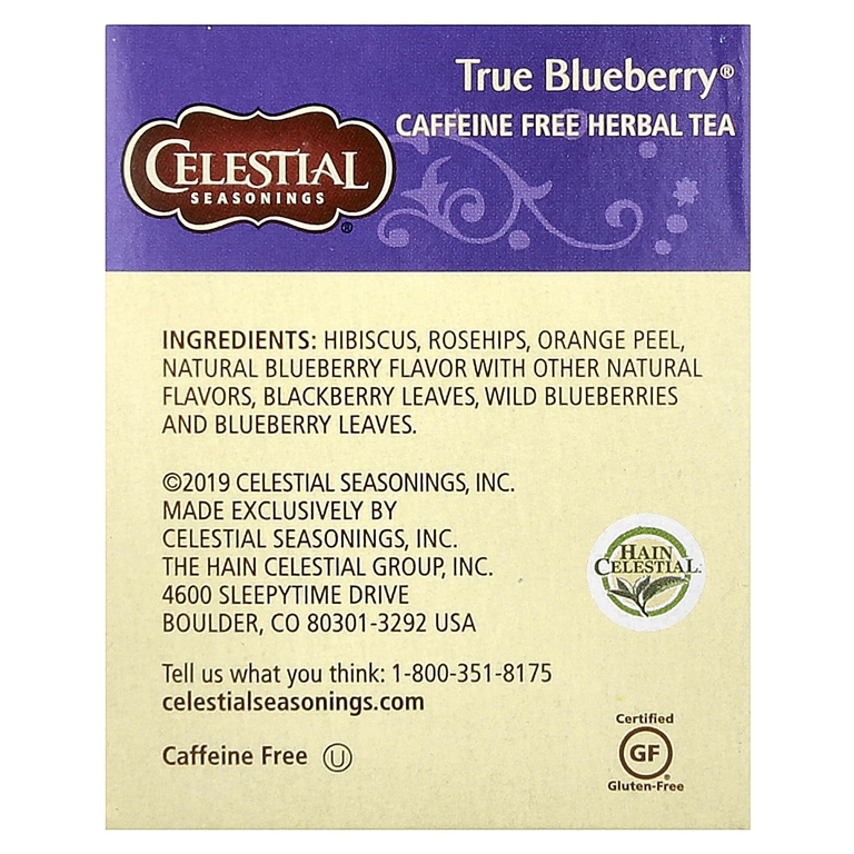 Celestial Seasonings, Травяной чай, без кофеина, Черника, 20 пакетиков, 1,6 унции (45 г)