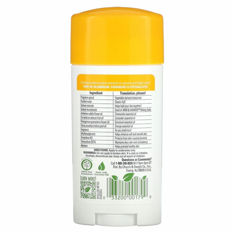 Arm & Hammer, Essentials с натуральными дезодорантами, дезодорант, апельсин и цитрус, 71 г (2,5 унции)