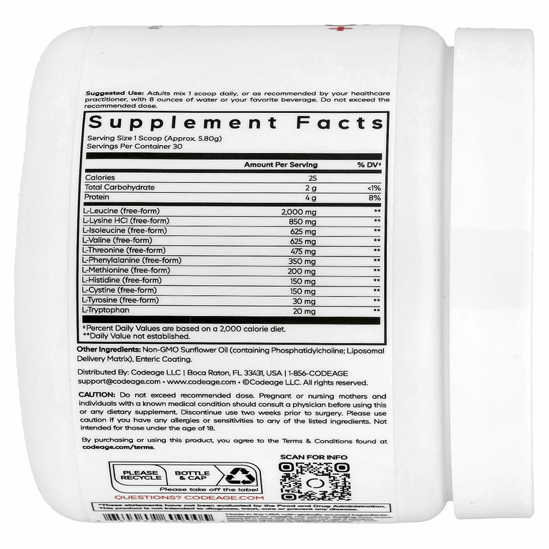 Codeage, Sport, Liposomal Multi Amino+, комплекс липосомальных аминокислот в порошке, без добавок, 174,2 г (6,15 унции)