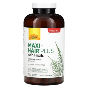 Country Life, Maxi-Hair Plus, 5000 мкг, 360 вегетарианских капсул (1250 мкг в 1 капсуле)