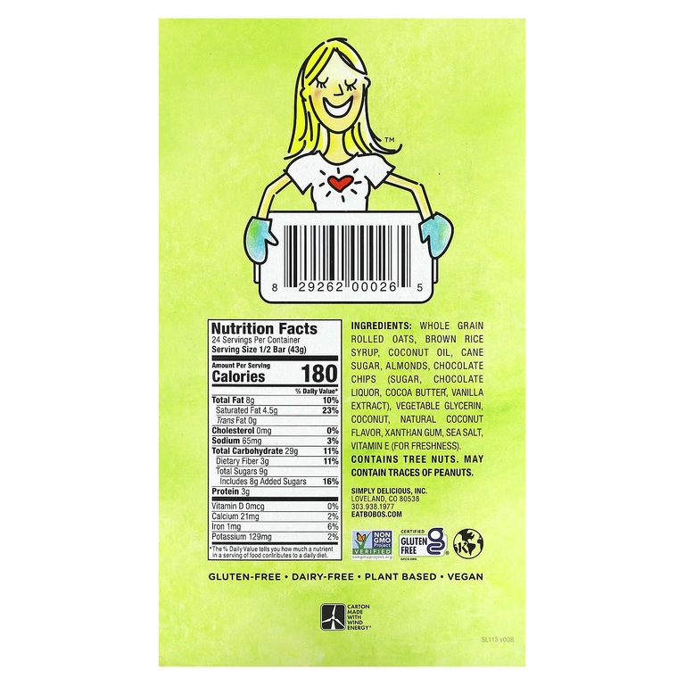 Bobo's Oat Bars, Кокос и миндаль с шоколадной крошкой, 12 батончиков, по 85 г (3 унции) (Товар снят с продажи) 