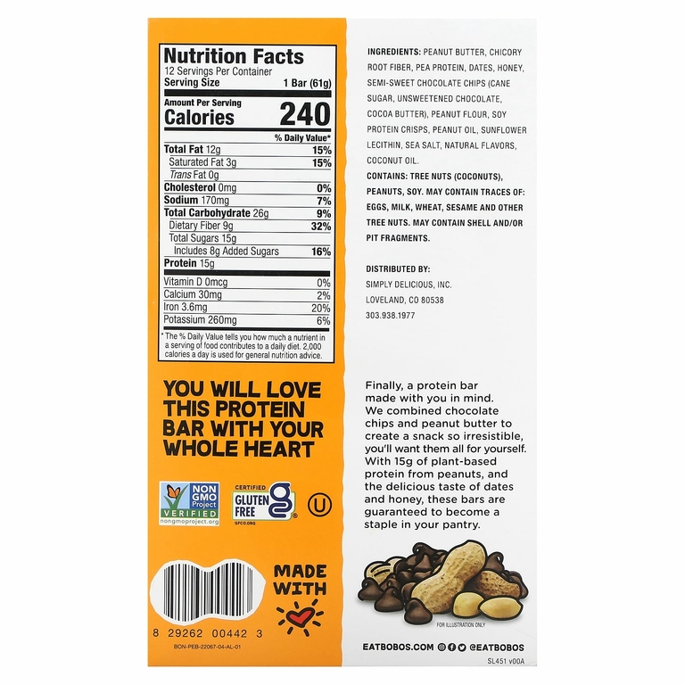 Bobo's Oat Bars, Protein Bars, арахисовая паста с шоколадной крошкой, 12 батончиков, 61 г (2,2 унции) (Товар снят с продажи) 