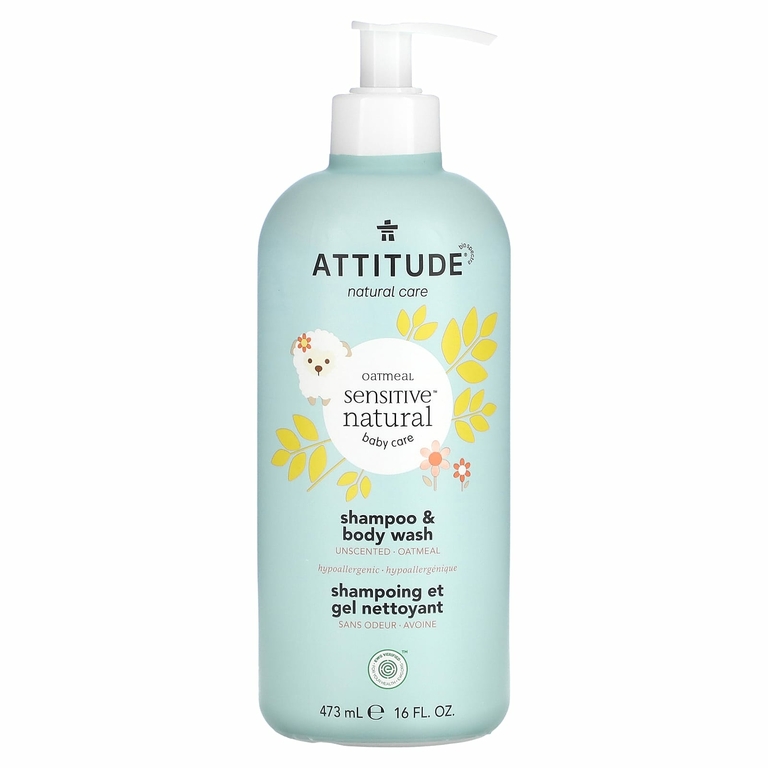 ATTITUDE, Для детей, овсянка, натуральное средство для чувствительной кожи, шампунь и гель для душа, без запаха, 473 мл (16 жидк. унц.)
