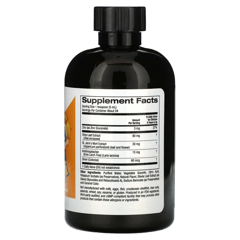 California Gold Nutrition, жидкая добавка для укрепления иммунитета, с экстрактом листьев оливкового дерева, экстрактом зверобоя и коллоидным серебром для детей, без спирта, апельсин, 118 мл (4 жидк. унции)