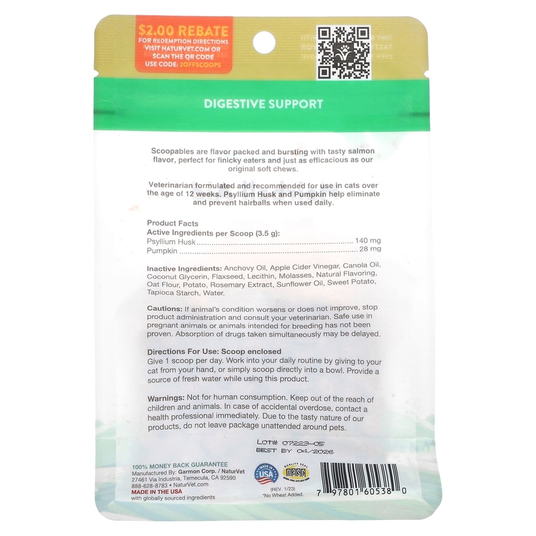 NaturVet, Scoopables, Ежедневная поддержка Hairball Aid + тыква, для кошек, лосось, 45 мерных ложек, 157,5 г (5,5 унции) (Товар снят с продажи) 