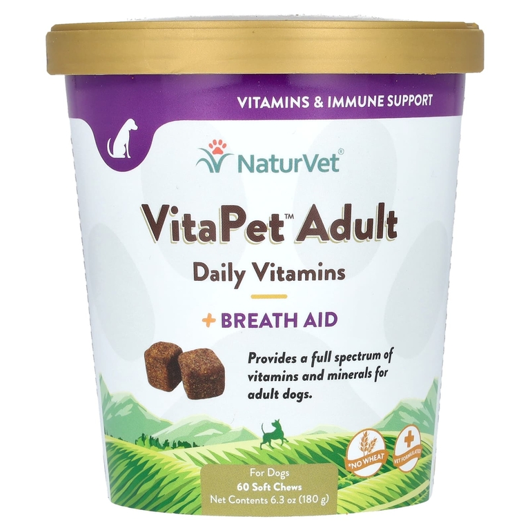 NaturVet, VitaPet Adult, ежедневные витамины и помощь при дыхании, для собак, 60 жевательных таблеток, 180 г (6,3 унции)