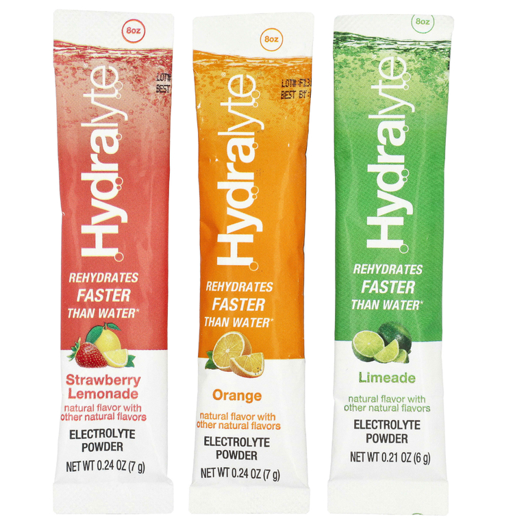 Hydralyte, шипучий электролитный порошок, ассорти вкусов, апельсин, клубничный лимонад и лаймад, 30 отдельных пакетиков