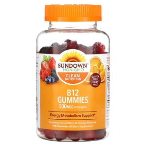 Sundown Naturals, жевательный витамин B12, со вкусом малины, ягод и апельсина, 500 мкг, 150 жевательных таблеток (250 мкг в 1 жевательной таблетке) (Товар снят с продажи) 