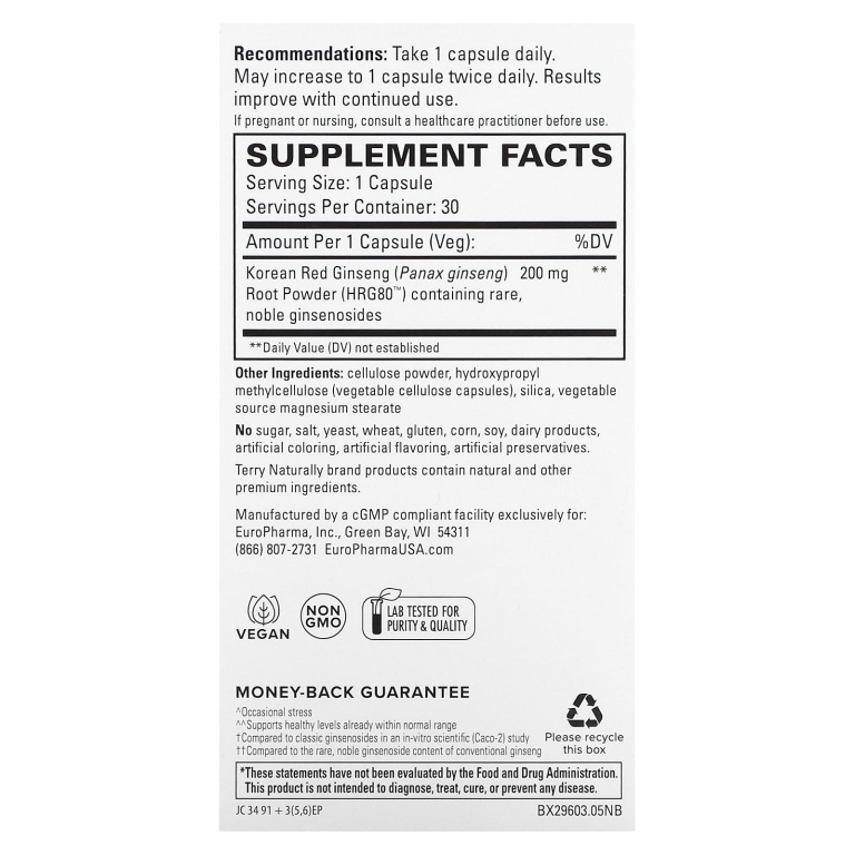 Terry Naturally, HRG80 Red Ginseng Energy, 200 мг, 30 капсул