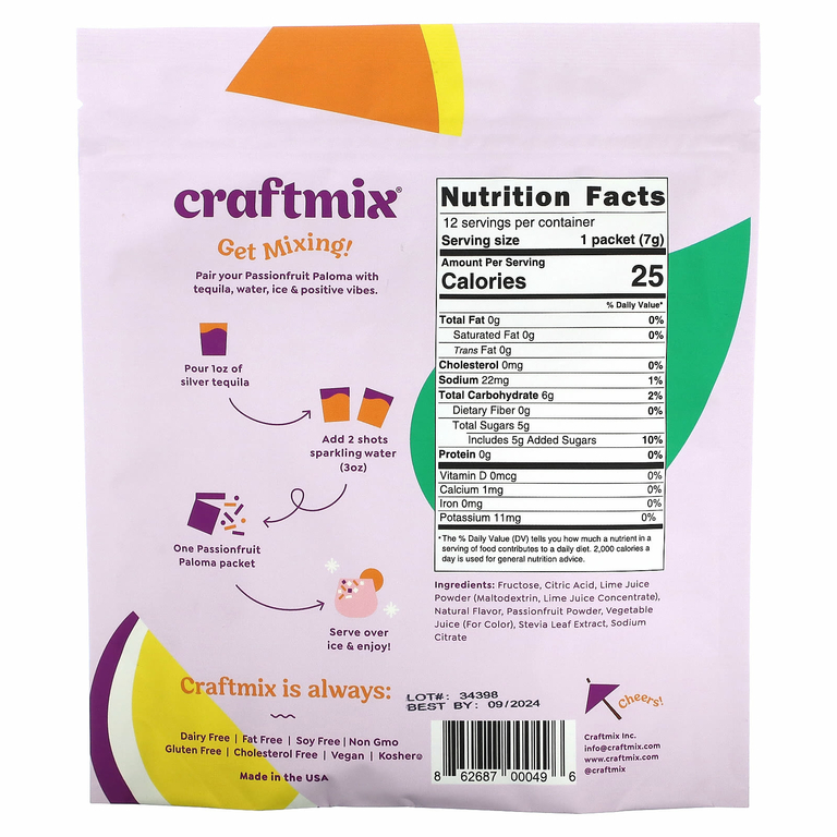 Craftmix, Пакетики для коктейлей, маракуйя и палома, 12 пакетиков по 84 г (2,96 унции)