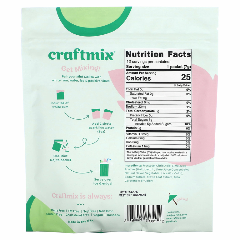 Craftmix, Коктейльная смесь, мятный мохито, 12 пакетиков, 84 г (2,96 унции)