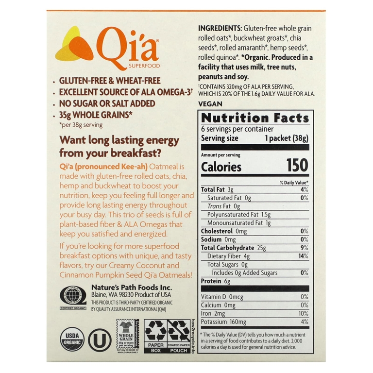 Nature's Path, Qi'a Superfood, овсянка без глютена, семена и злаки, 6 пакетиков по 38 г (Товар снят с продажи) 