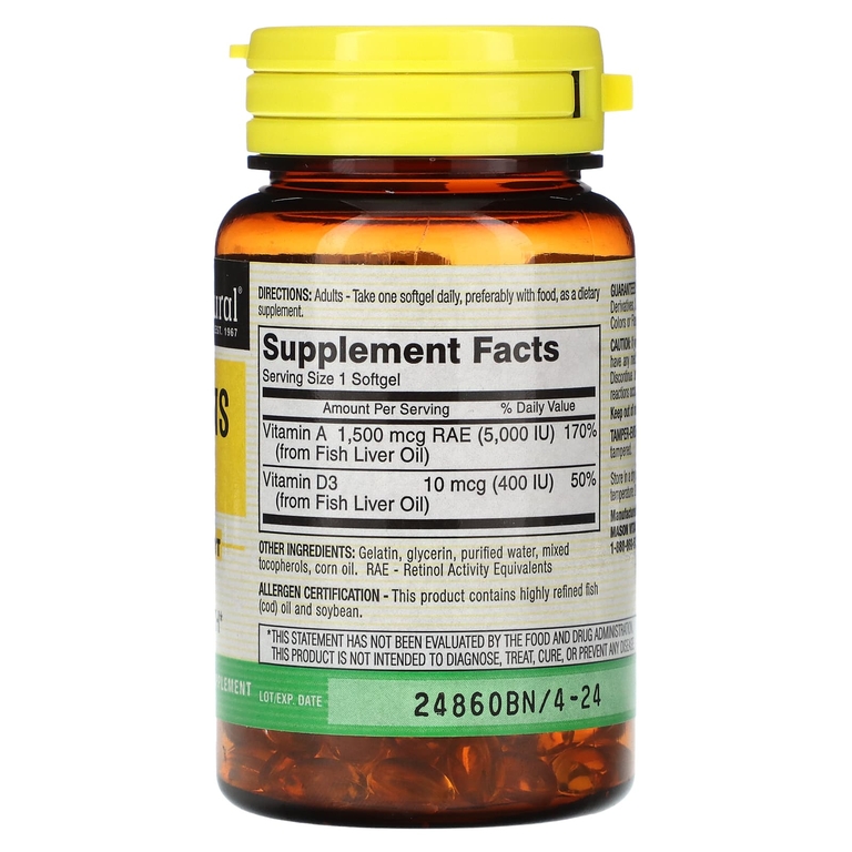 Mason Natural, Витамины A и D3, 100 мягких таблеток (Товар снят с продажи) 