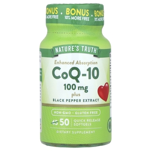 Nature's Truth, CoQ-10 с экстрактом черного перца, улучшенное усвоение, 100 мг, 50 капсул быстрого высвобождения