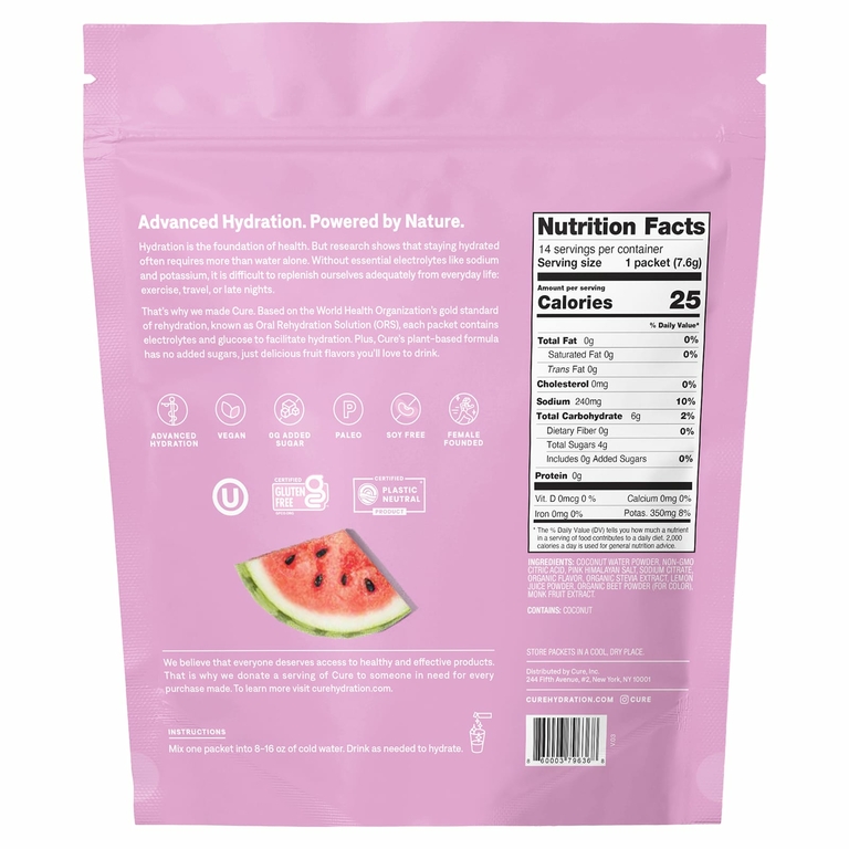 Cure Hydration, смесь электролитов для гидратации, арбуз, 14 пакетиков по 7,6 г (0,27 унции) каждый