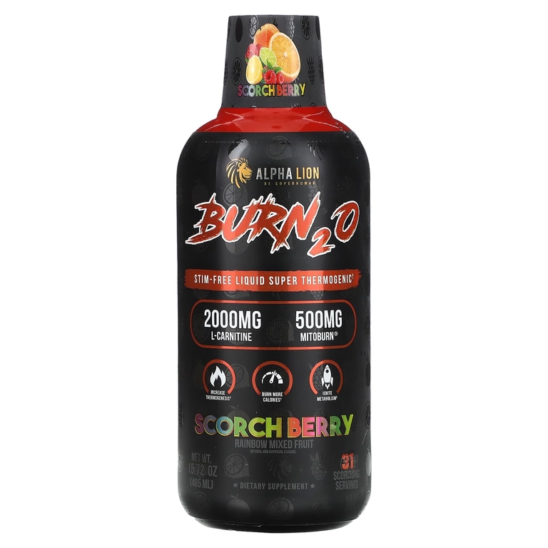 ALPHA LION, Burn2O, Scorch Berry, добавка для сжигания жира, со вкусом фруктового ассорти, 465 мл (15,72 унции)