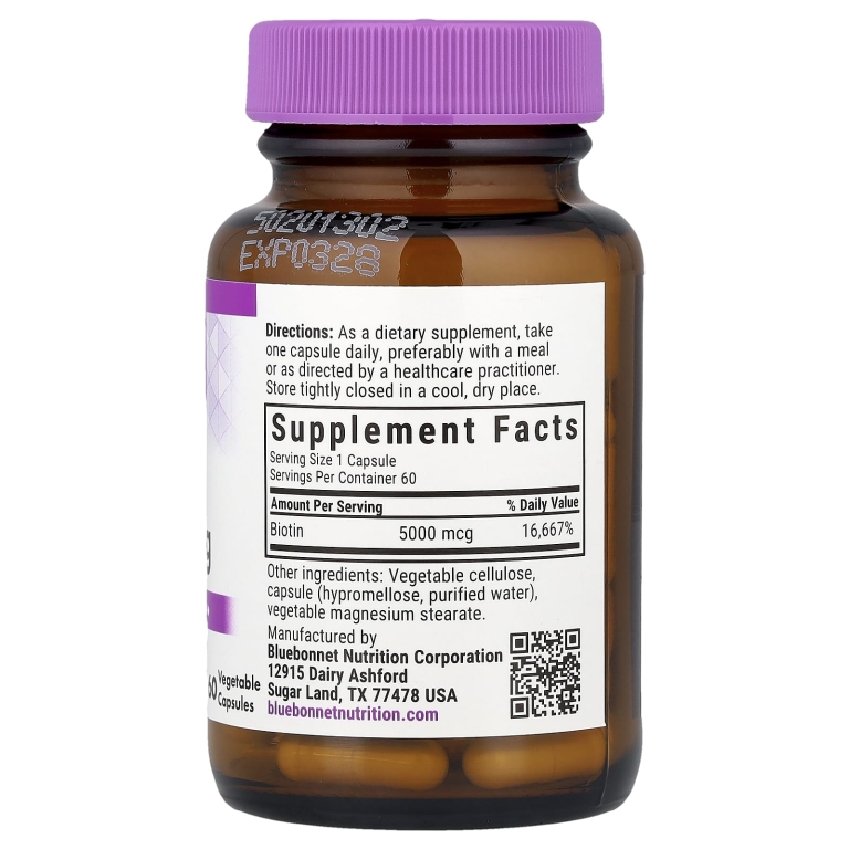 Bluebonnet Nutrition, Биотин, 5000 мкг, 60 растительных капсул