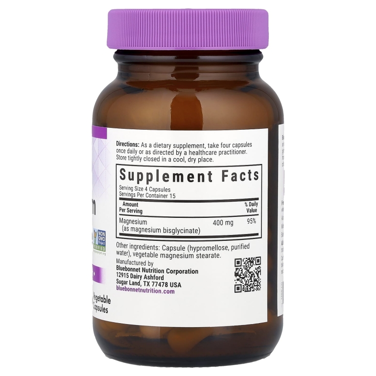Bluebonnet Nutrition, Глицинат магния, 60 растительных капсул (100 мг на капсулу)