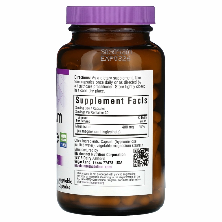 Bluebonnet Nutrition, Глицинат магния, 120 растительных капсул (100 мг на капсулу)