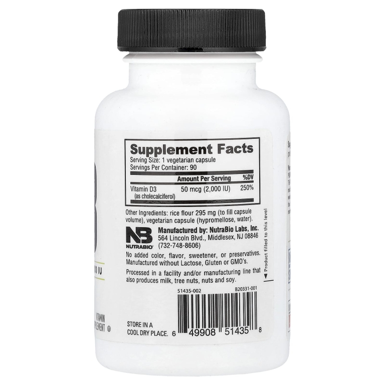 NutraBio, Витамин D-3, 2000 МЕ, 90 капсул