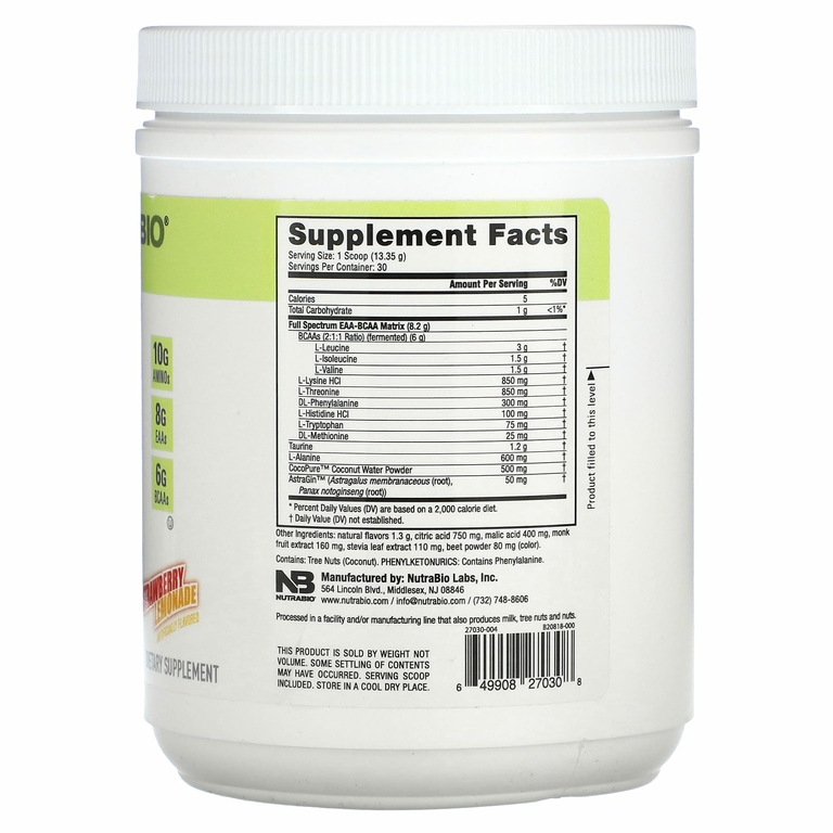 NutraBio, EAA, клубничный лимонад, 401 г (0,88 фунта)