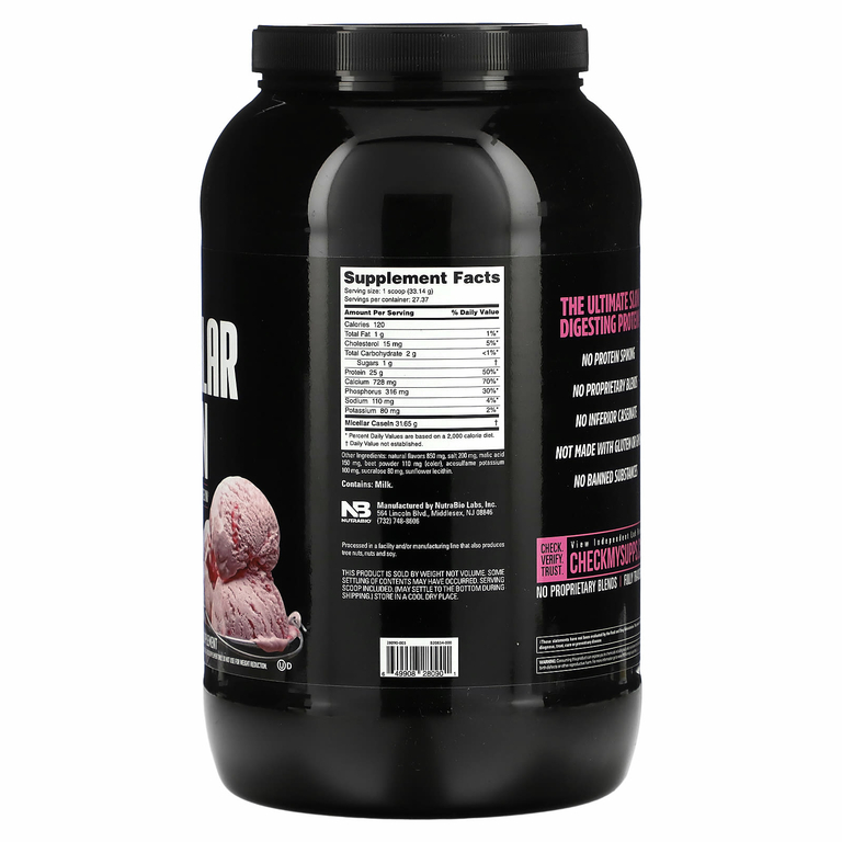 NutraBio, Мицеллярный казеин, клубничное мороженое, 907 г (2 фунта)