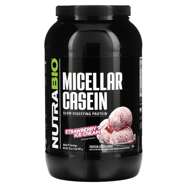 NutraBio, Мицеллярный казеин, клубничное мороженое, 907 г (2 фунта)