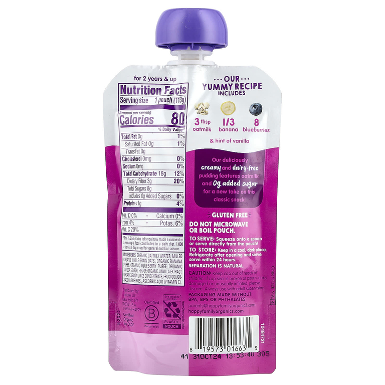Happy Family Organics, Happy Tot®, овсяный пудинг, для детей от 2 лет, органическое овсяное молоко, бананы и голубика, 113 г (4 унции)