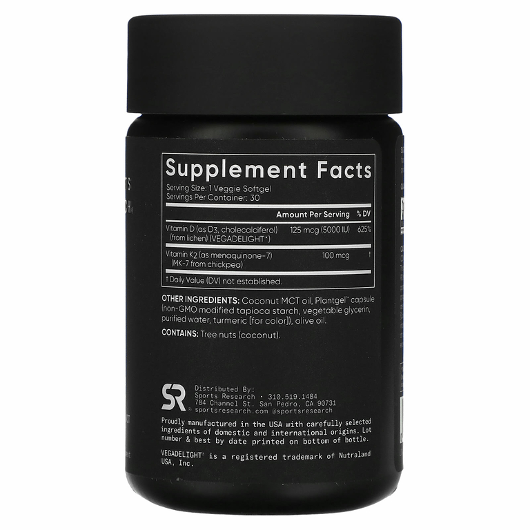 Sports Research, витамины D3 и K2, растительная добавка, 30 растительных капсул
