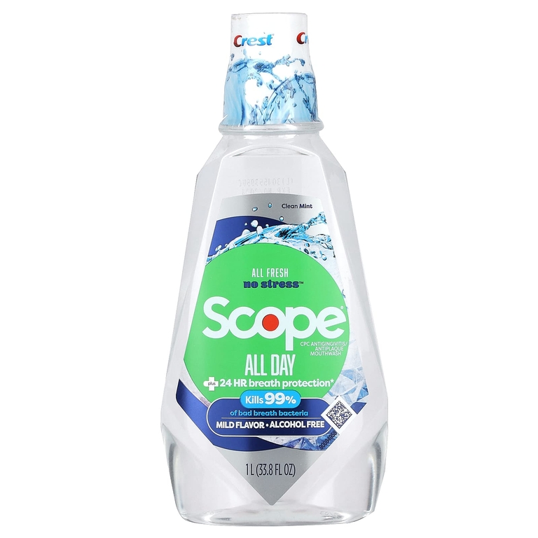 Crest, Scope, жидкость для полоскания рта на весь день, без спирта, чистая мята, 1 л (33,8 жидк. Унции)