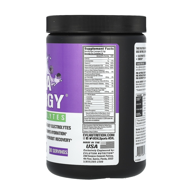 EVLution Nutrition, BCAA Energy Plus, электролиты, со вкусом винограда, 345 г (12,2 унции)