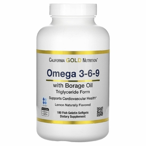 California Gold Nutrition, рыбий жир с омега 3-6-9 и маслом бурачника, норвежский триглицерид, натуральный лимонный вкус, 180 капсул