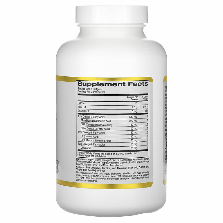 California Gold Nutrition, рыбий жир с омега 3-6-9 и маслом бурачника, норвежский триглицерид, натуральный лимонный вкус, 180 капсул