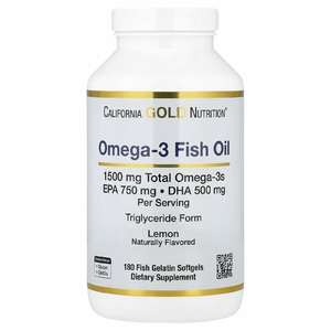 California Gold Nutrition, Норвежский рыбий жир с омега-3, ЭПК и ДГК, со вкусом лимона, 180 мягких капсул из рыбьего желатина (750 мг в 1 капсуле)