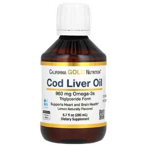 California Gold Nutrition, жир из печени трески с омега-3 жирными кислотами, ЭПК, ДГК, витаминами A и D, норвежский, в форме триглицеридов, натуральный лимонный вкус, 200 мл (6,7 жидк. унции)