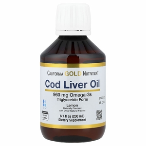 California Gold Nutrition, жир из печени трески с омега-3 жирными кислотами, ЭПК, ДГК, витаминами A и D, норвежский, в форме триглицеридов, натуральный лимонный вкус, 200 мл (6,7 жидк. унции)