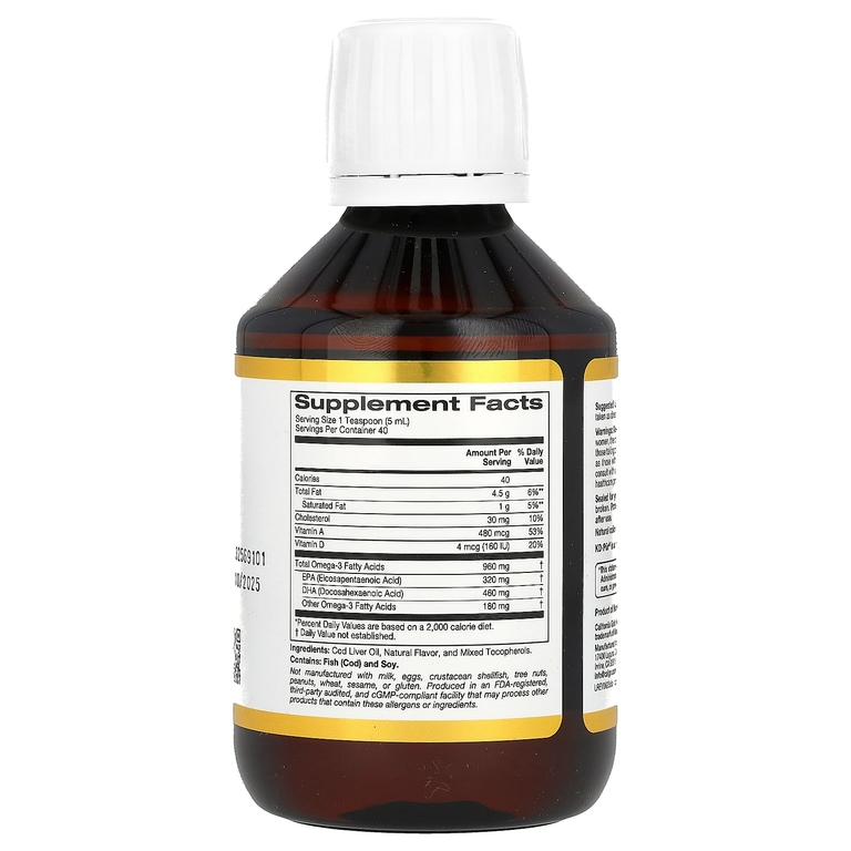 California Gold Nutrition, жир из печени трески с омега-3 жирными кислотами, ЭПК, ДГК, витаминами A и D, норвежский, в форме триглицеридов, натуральный лимонный вкус, 200 мл (6,7 жидк. унции)