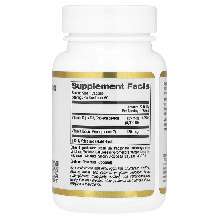 California Gold Nutrition, витамины D3 и К2, 60 растительных капсул