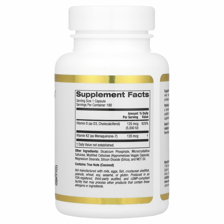 California Gold Nutrition, витамины D3 и К2 в форме MK-7, 180 растительных капсул