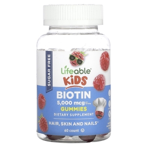 Lifeable, Kids Biotin Gummies, без сахара, натуральная малина, 60 жевательных таблеток (2500 мкг в жевательной мармеладке)