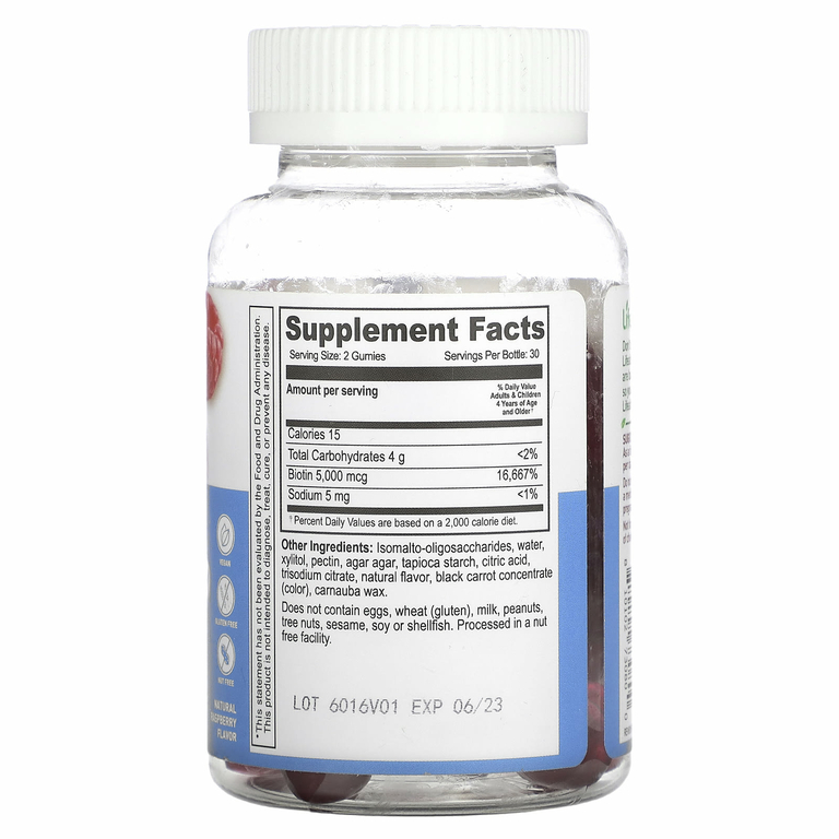 Lifeable, Kids Biotin Gummies, без сахара, натуральная малина, 60 жевательных таблеток (2500 мкг в жевательной мармеладке)