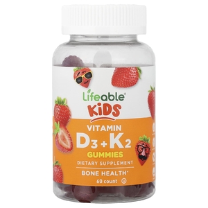 Lifeable, Kids, витамины D3 и K2 для детей, клубника, 60 жевательных таблеток