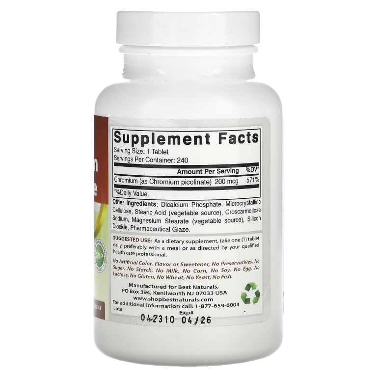 Best Naturals, пиколинат хрома, 200 мкг, 240 таблеток