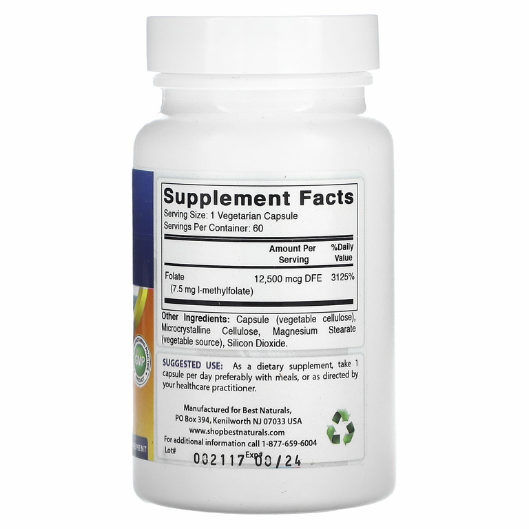 Best Naturals, Метилфолат, 7500 мкг, 60 вегетарианских капсул