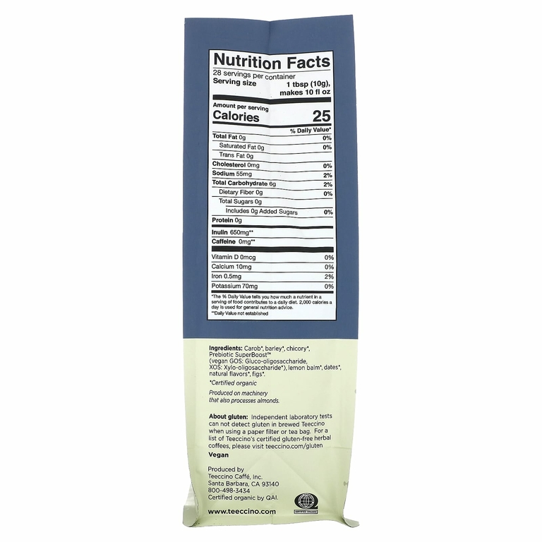 Teeccino, Prebiotic Herbal Coffee, мелисса с манго и лимоном, легкая обжарка, без кофеина, 284 г (10 унций)