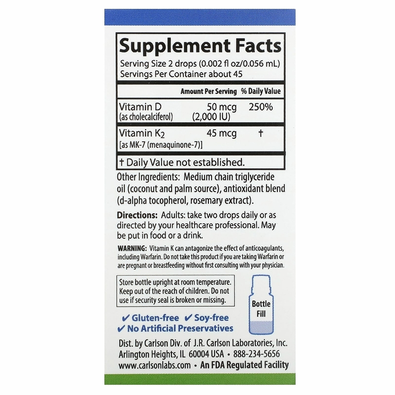 Carlson, Super Daily® D3 + K2, 50 мкг (2000 МЕ) и 45 мкг, 2,54 мл (0,086 жидк. Унции)