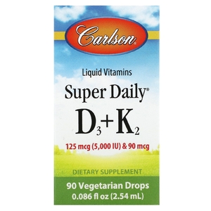 Carlson, Super Daily® D3 + K2, 125 мкг (5000 МЕ) и 90 мкг, 2,54 мл (0,086 жидк. Унции)