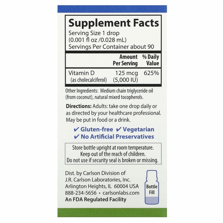 Carlson, Super Daily®, D3, 125 мкг (5000 МЕ), 2,54 мл (0,086 жидк. Унции)