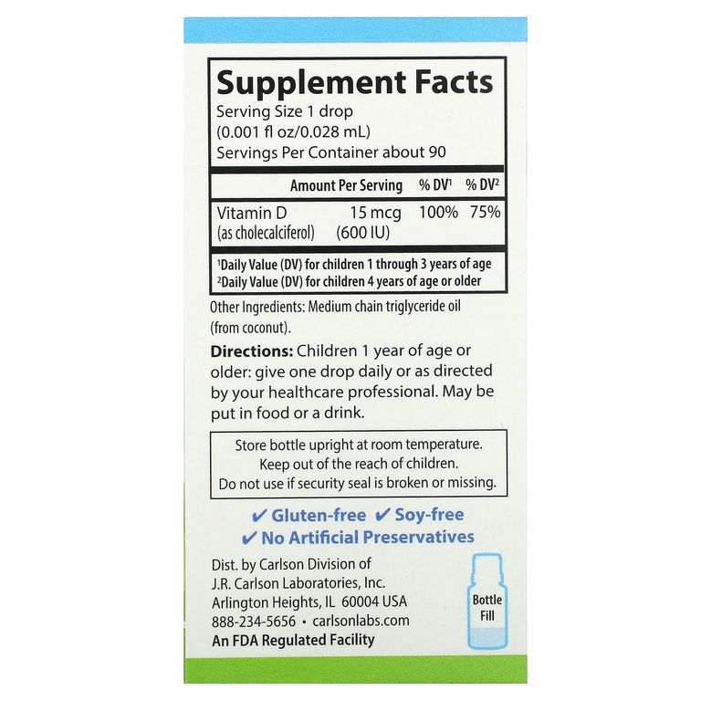 Carlson, Kid's Super Daily D3, 15 мкг (600 МЕ), 90 вегетарианских капель, 2,54 мл (0,086 жидк. Унции)